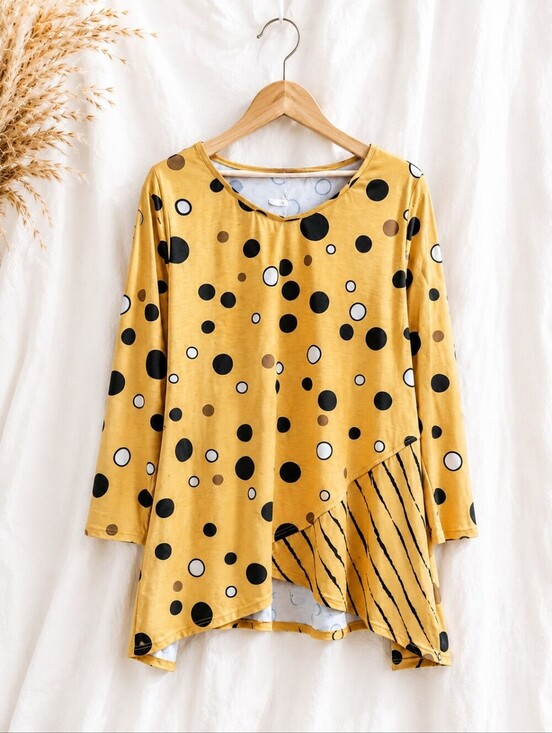Undefined Tops - Artsy Lagenlook Tunic Top Asymmetrical Hem Boho Swing Polka Dot 3X